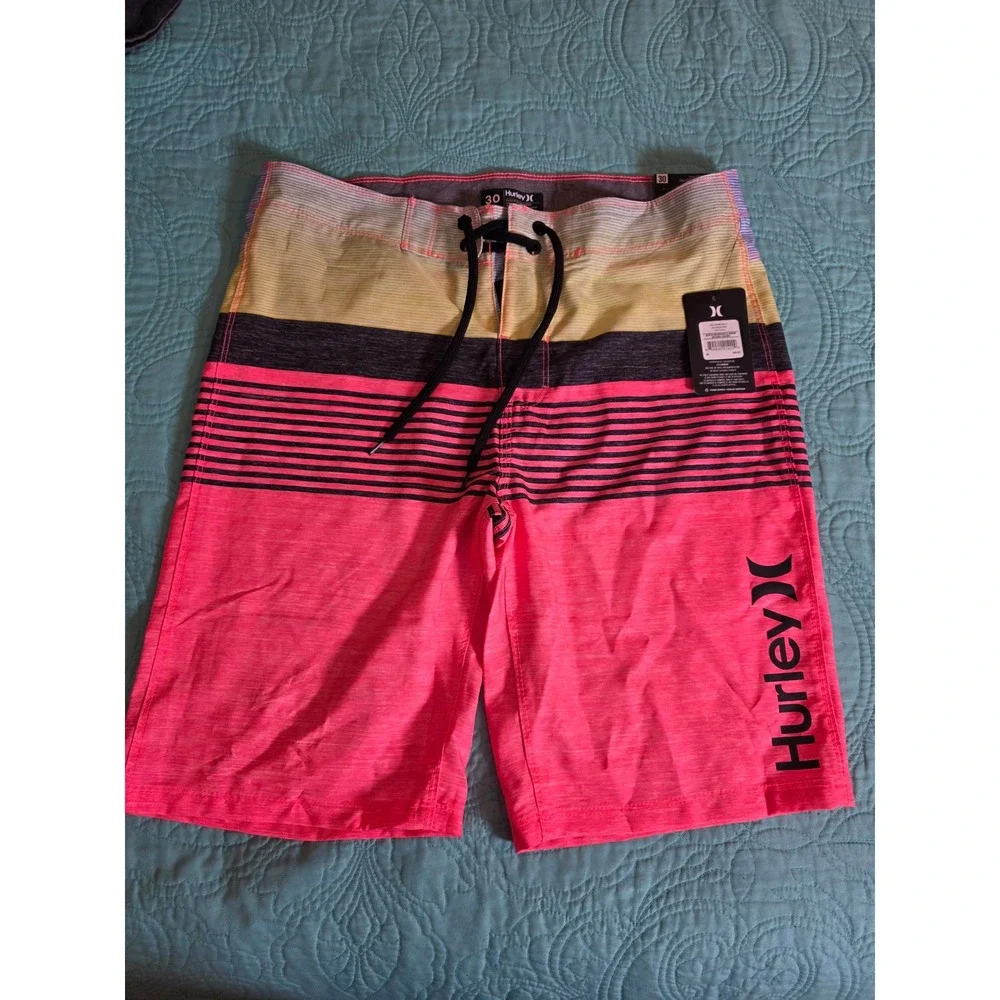 Hurley Mens Boca‎ Barranca Swim Board Shorts Neon Pink Striped Size 30 HFA22VMB